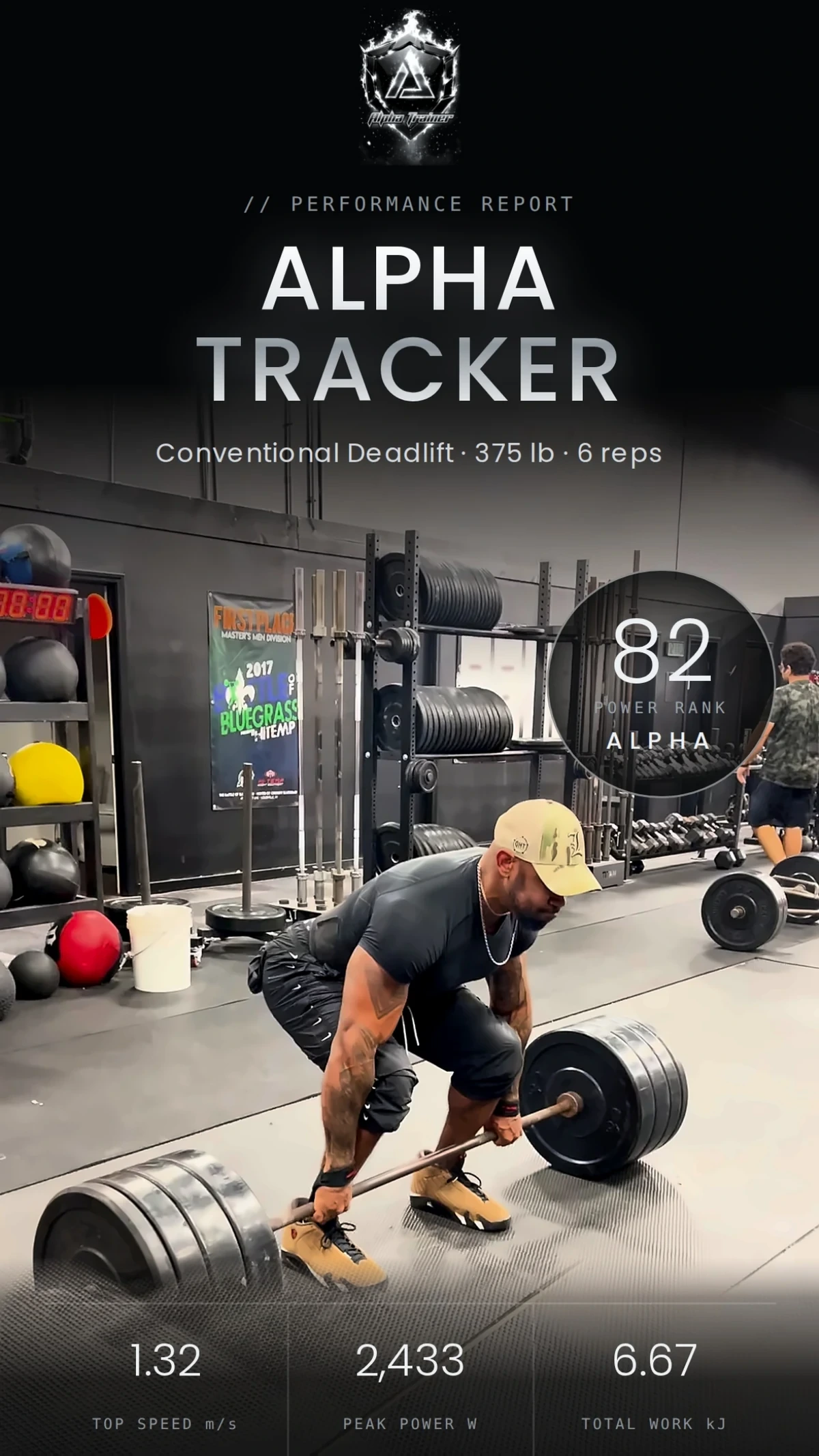 Alpha Tracker report cover: conventional deadlift, 375 lb for 6 reps