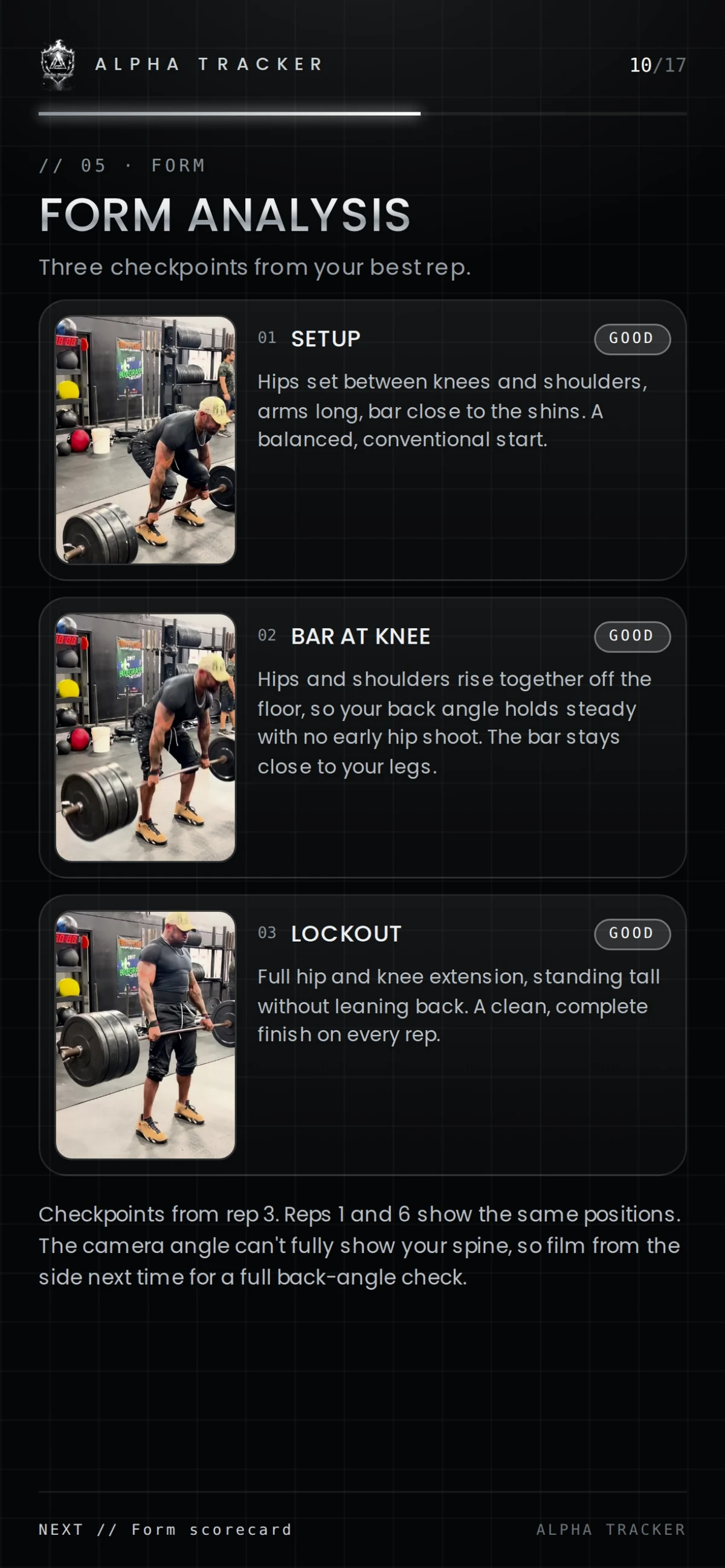 Form analysis: setup, bar at knee and lockout checkpoints