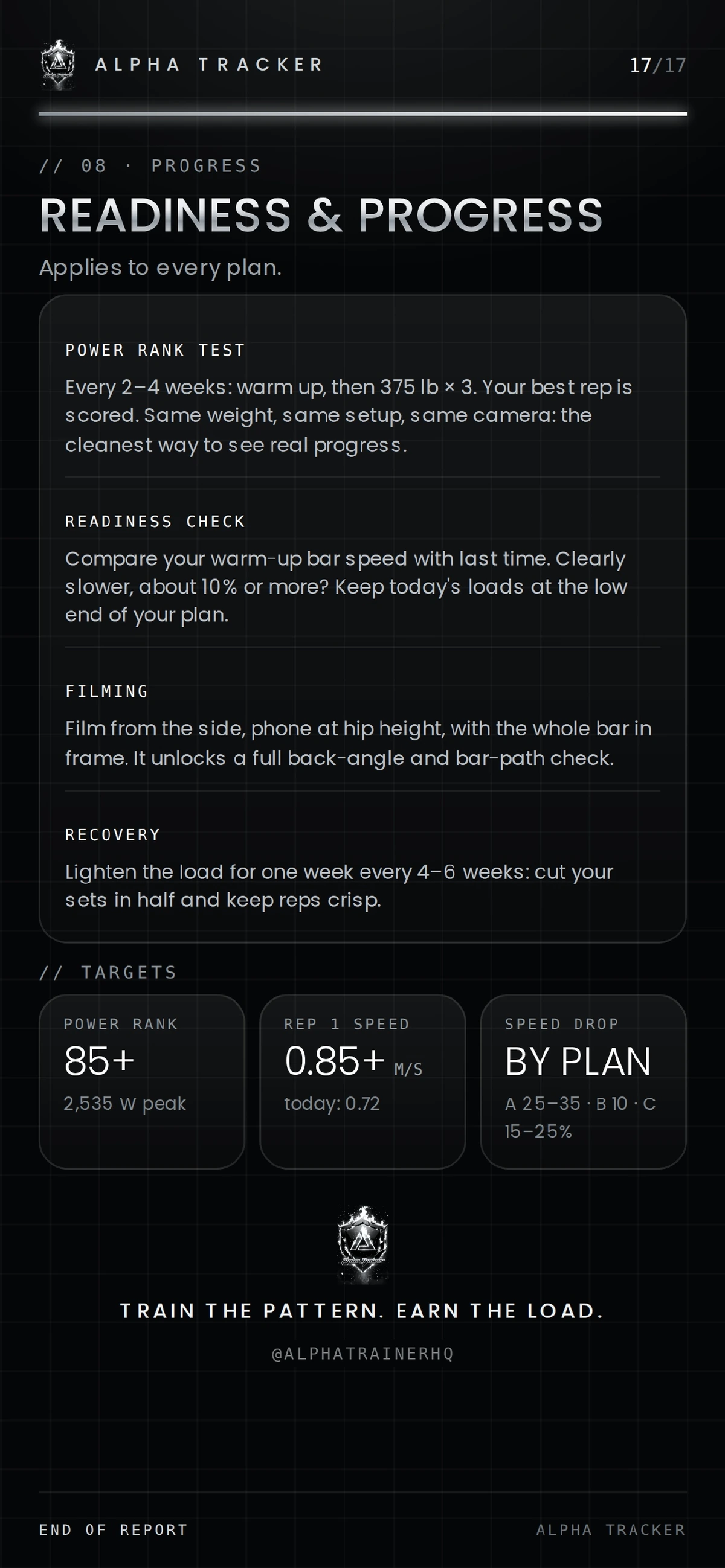 Readiness and progress: tests, readiness check, filming, recovery and targets