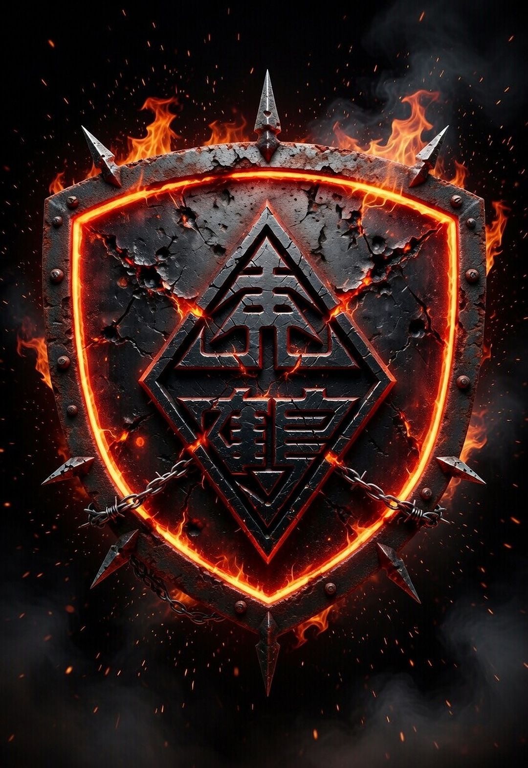Hung Gar shield logo: charred iron shield with glowing lava edge