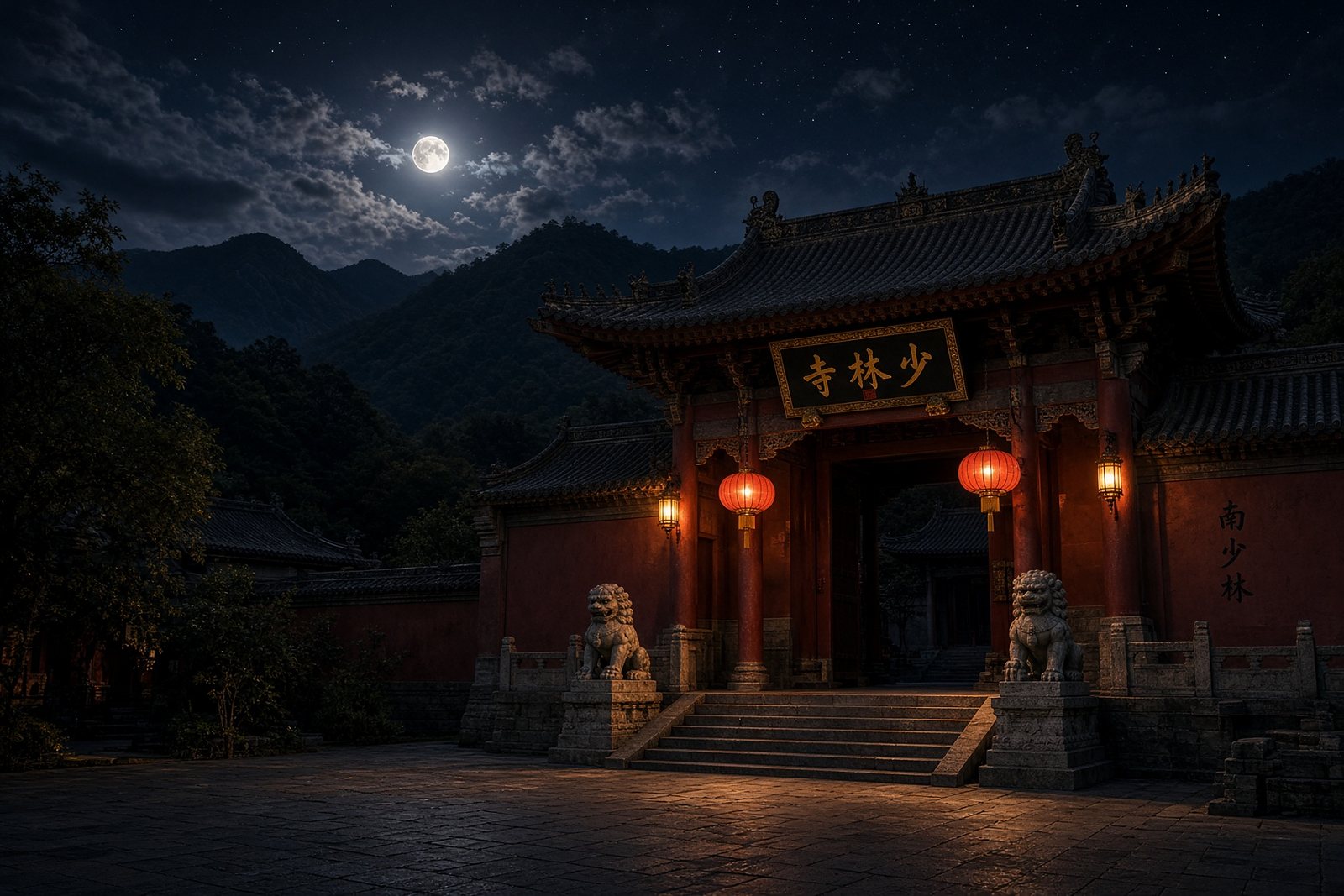 A Shaolin temple gate at night under a full moon, its sign reading 少林寺 and the wall marked 南少林, with stone lions and red lanterns at the steps