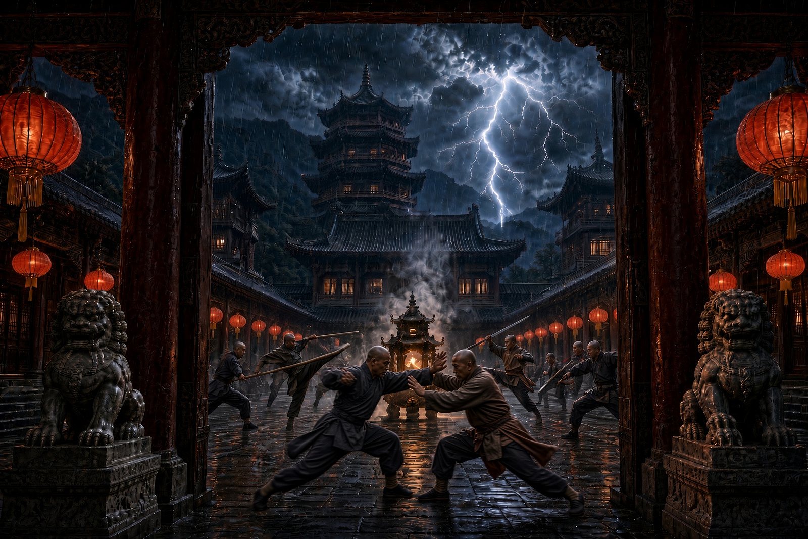 Monks sparring with fists and staffs in a rain-soaked temple courtyard during a lightning storm, seen through a gate flanked by stone lions and red lanterns