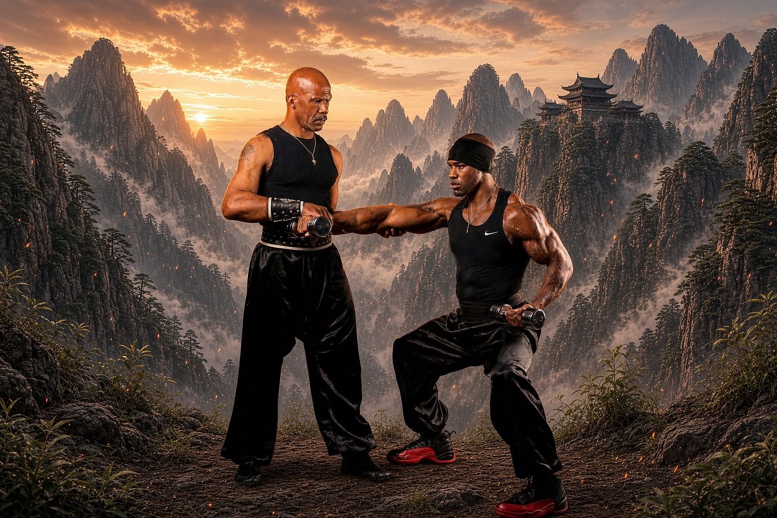 Sifu Mike Marshall guiding the author through a low stance with dumbbells, mountain temple at sunset behind them